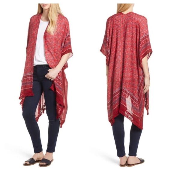 Rebecca Minkoff Red Border Paisley Ruana OS - Picture 1 of 8